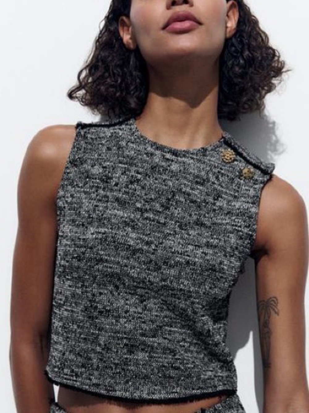 Zara Jacquard‎ Structured Gray Black Tweed Top